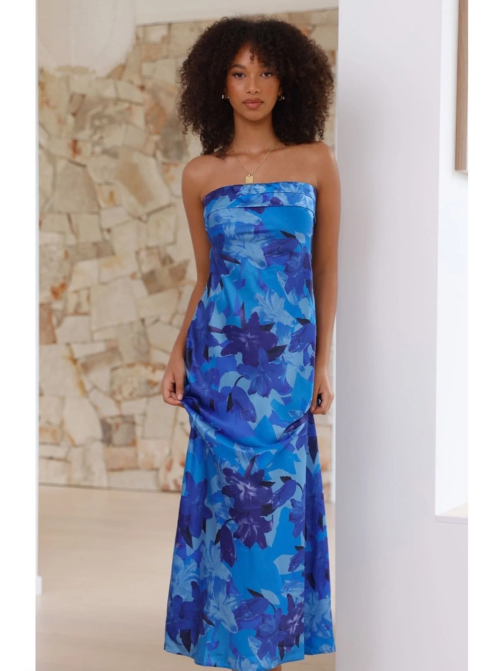 Blue Floral Strapless Maxi Dress; Miya Maxi Dress - Blue Floral